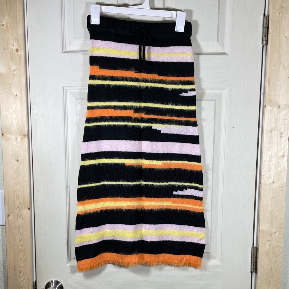 Fuzzy Striped Midi Skirt - Black with Orange, Pink & Yellow